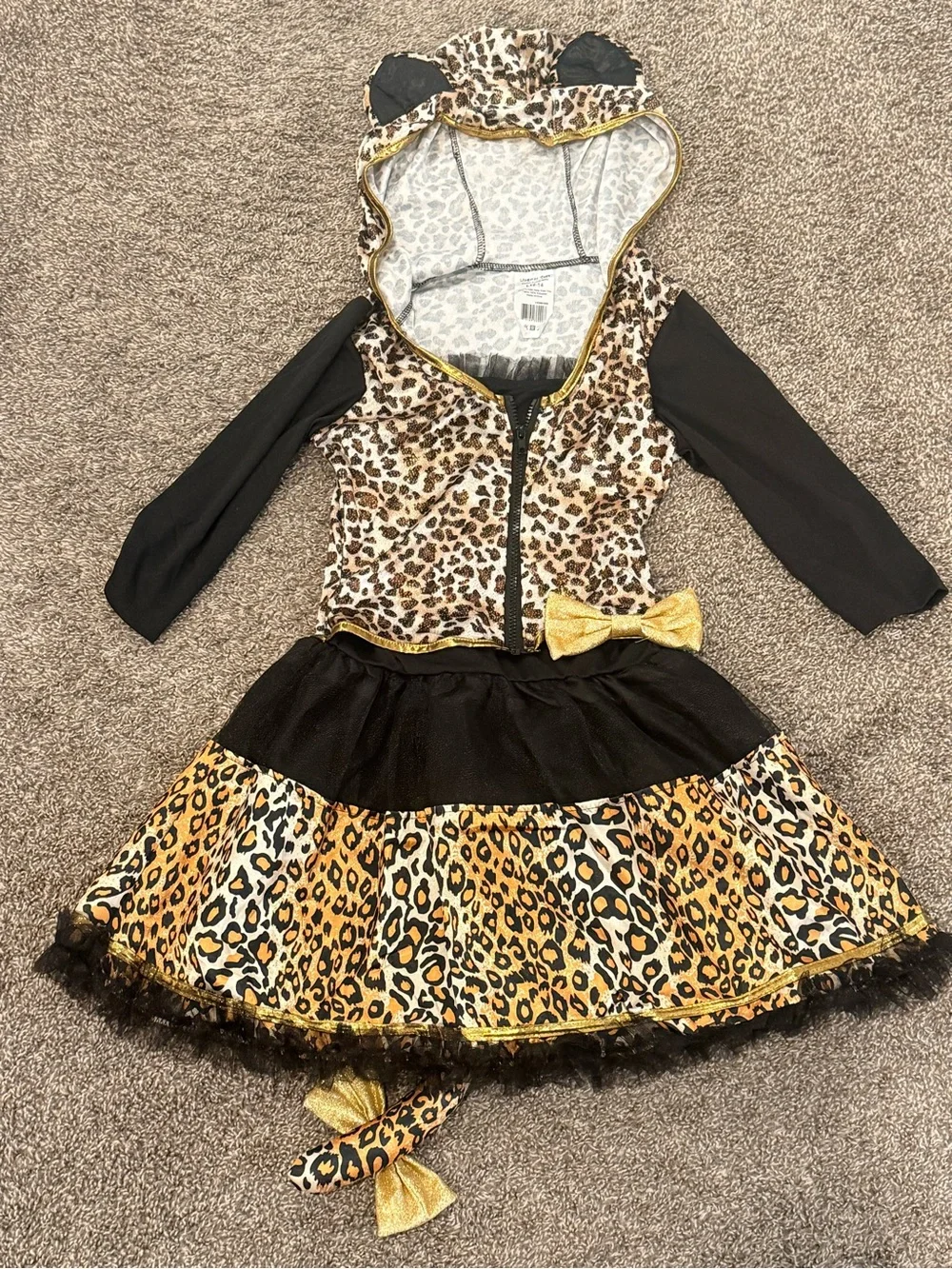 Girls Leopard Print Hooded Costume Dress with Gold Bow